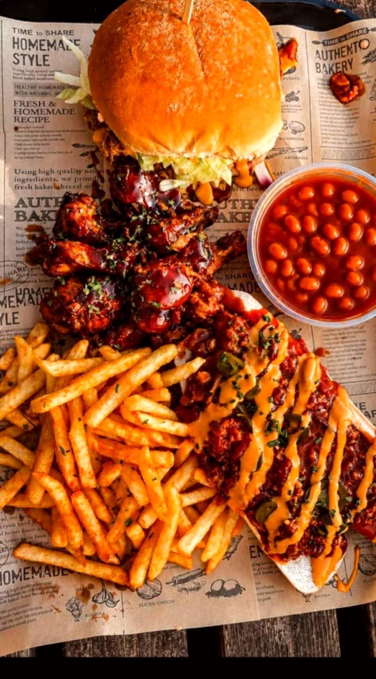 Dirty burger with wings and loaded fries