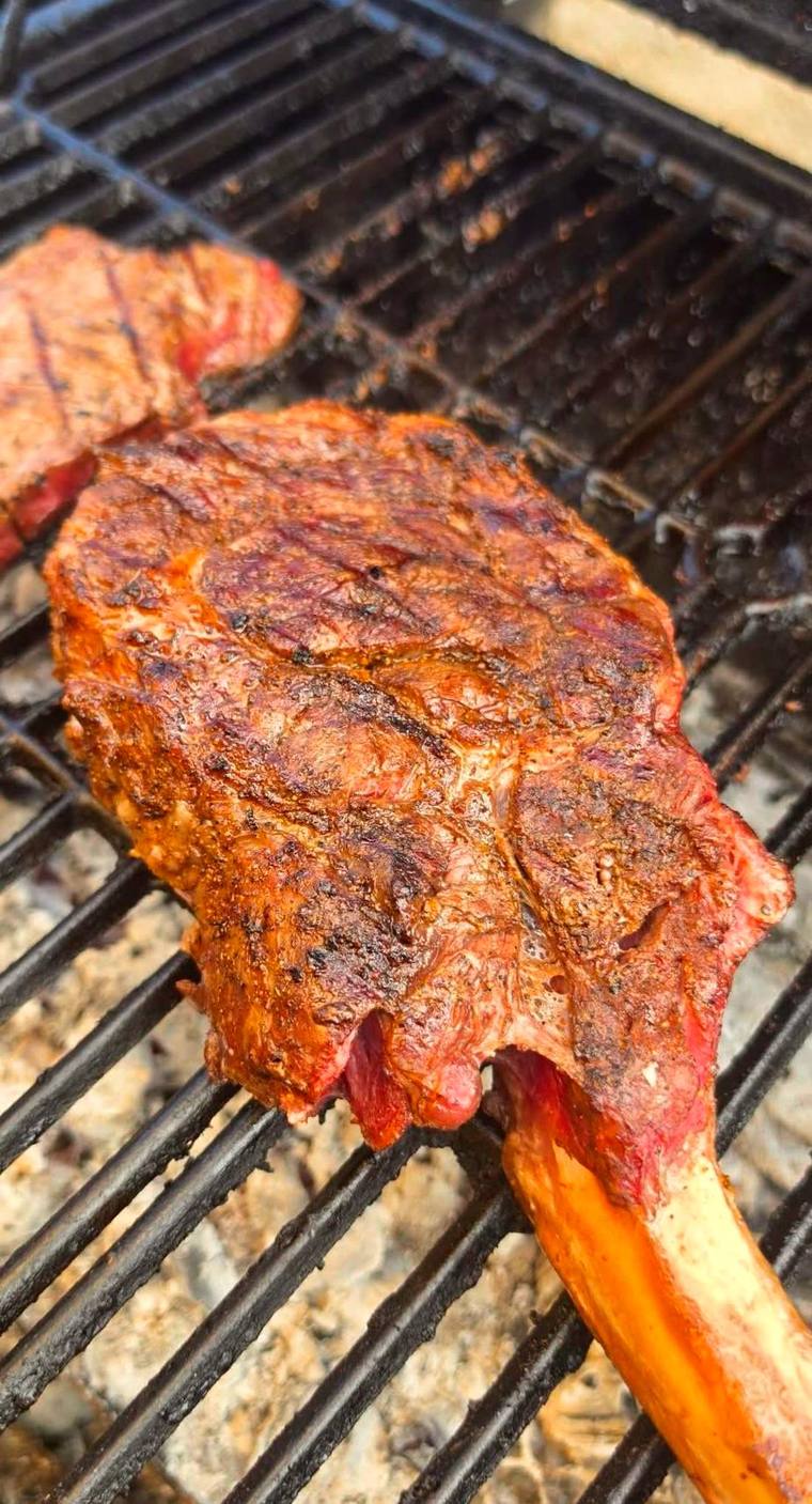 Dry-aged ribeye steak on the coals