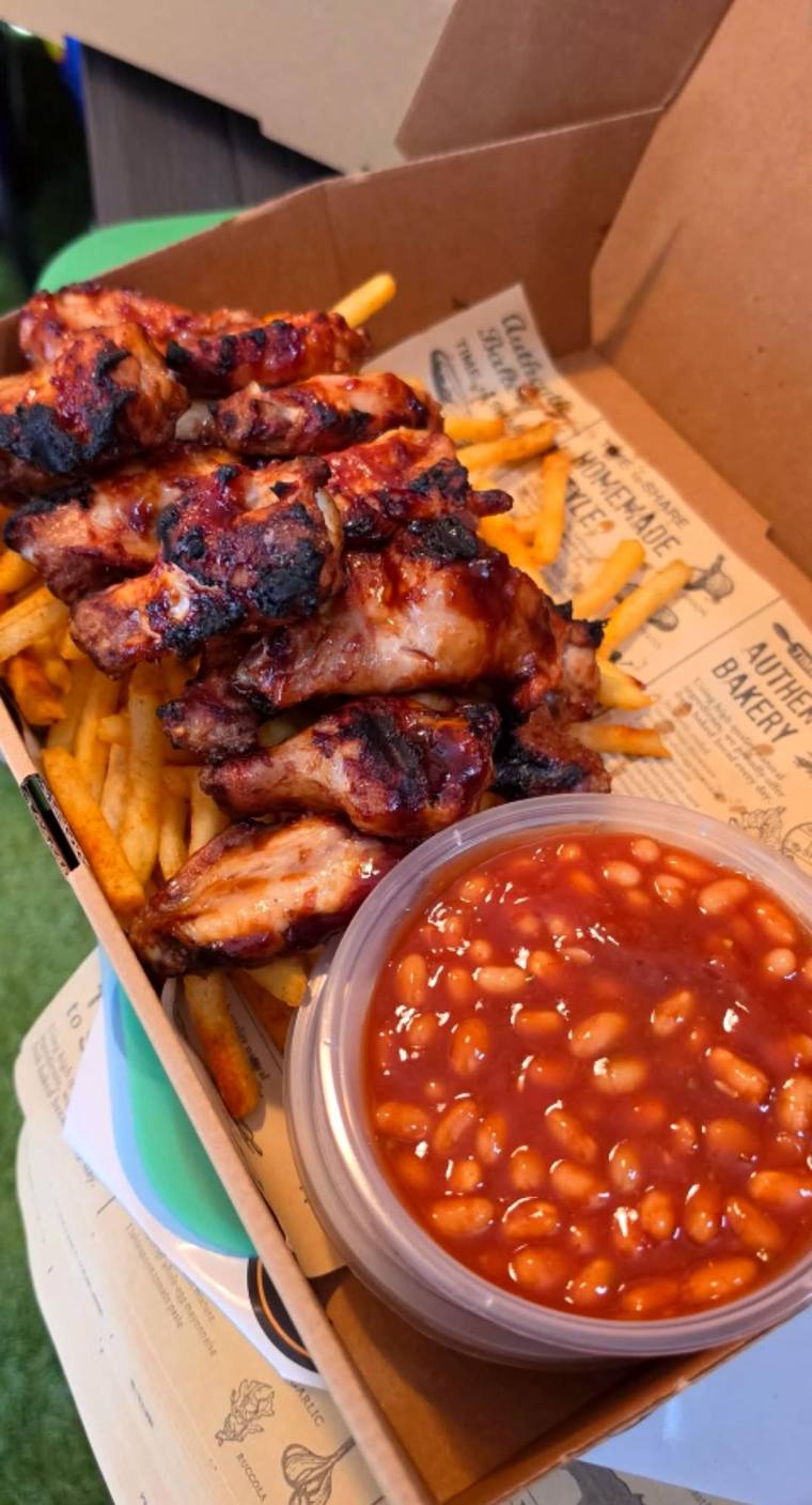 BBQ wings with cowboy beans